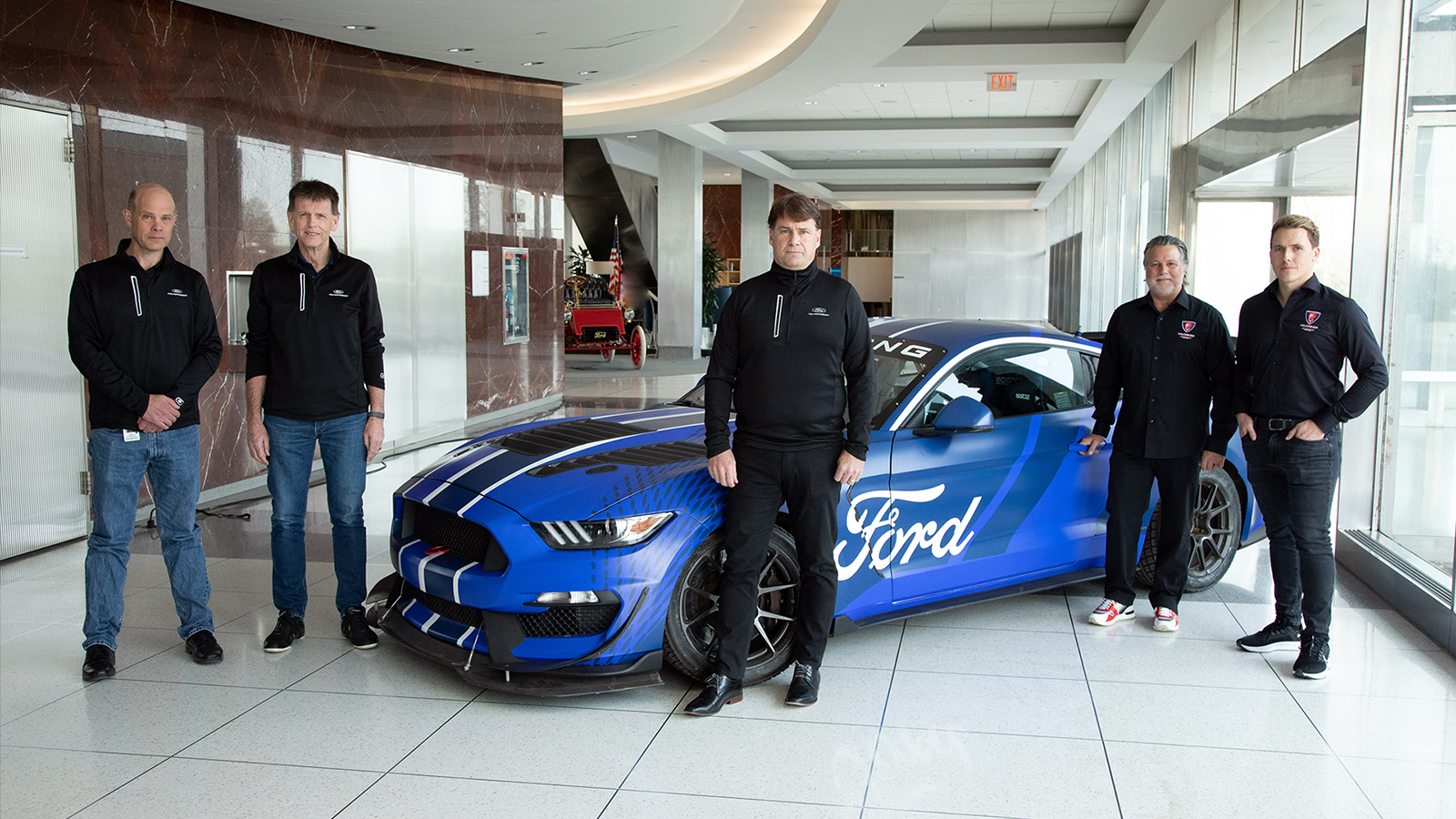 Mark Rushbrook, Trevor Worthington, Jim Farley, Michael Andretti and Ryan Walkinshaw, at Ford World HQ, Detroit.