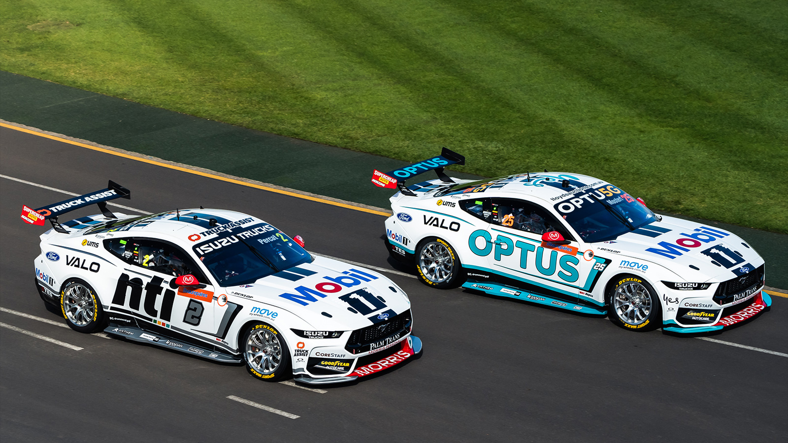 Chaz Mostert and Nick Percat on track at the Australian Grand Prix.