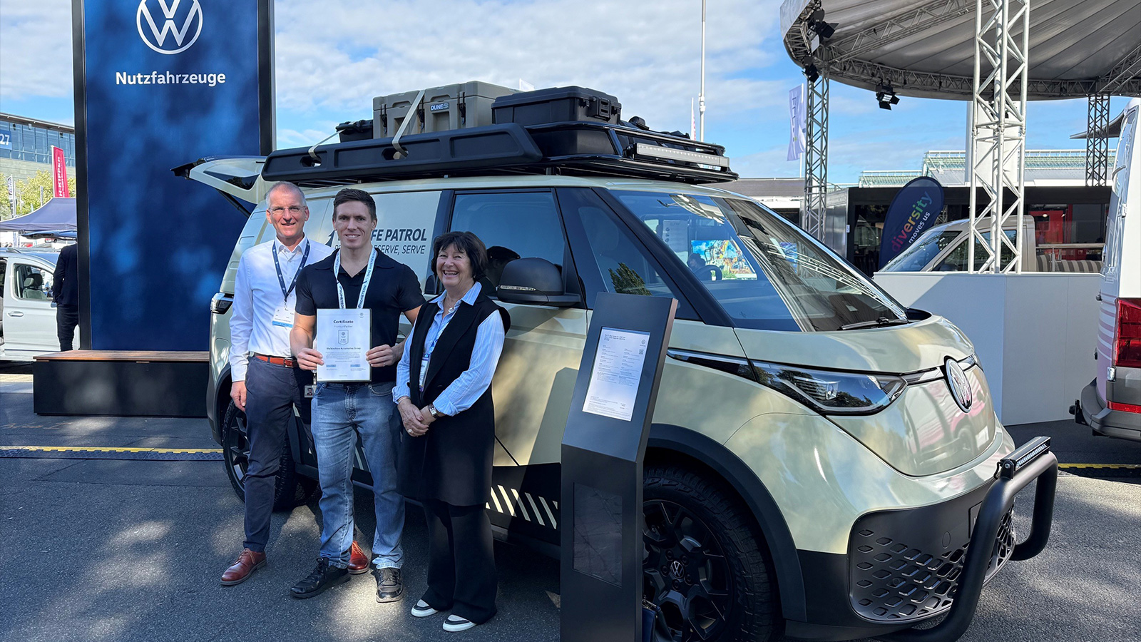 Olaf Meyer, Head of Customised Solutions at Volkswagen Commercial Vehicles, Ryan Walkinshaw and Martine Walkinshaw in Hanover, Germany.